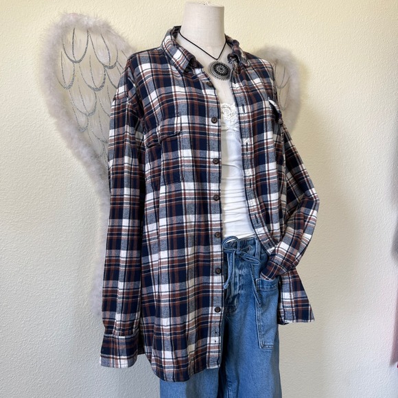 Indie Skater Grunge Plaid Flannel Shirt Button Up Long Sleeve Dad Brown Blue XXL - Picture 4 of 8